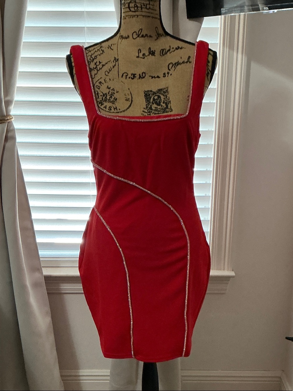Red Sleeveless Bodycon Dress with Silver Trim - Women